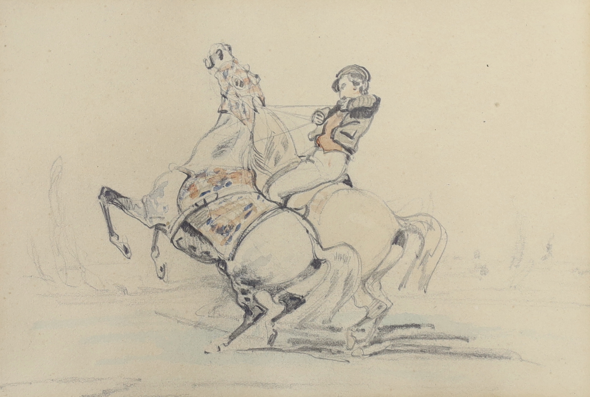 A. Jacquemont (c.1840), pencil and wash, 'Groom with two rearing horses', details verso, 15.5 x 11cm